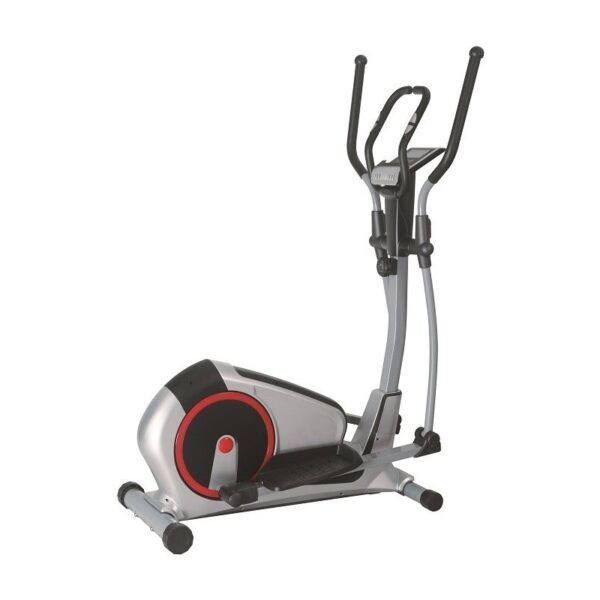 A gray elliptical trainer with red accents, featuring adjustable handles, pedals, and a digital display.