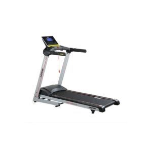 A gray motorized treadmill with a digital display, handles for support, and a wide running belt. The treadmill has a "Laptron"