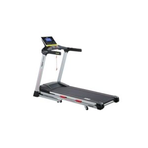 A gray motorized treadmill with a digital display, handles for support, and a wide running belt. The treadmill has a "Stamina Fitness" .