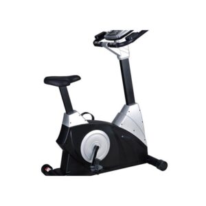 A black and silver upright exercise bike with a digital display, adjustable handlebars and seat, and a heavy-duty frame.