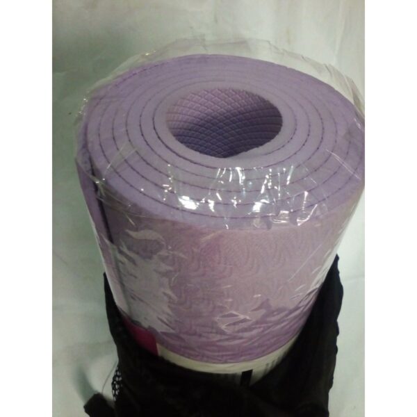 A rolled-up purple yoga mat with a black mesh carrying strap. The mat is tightly wound and has a textured surface.