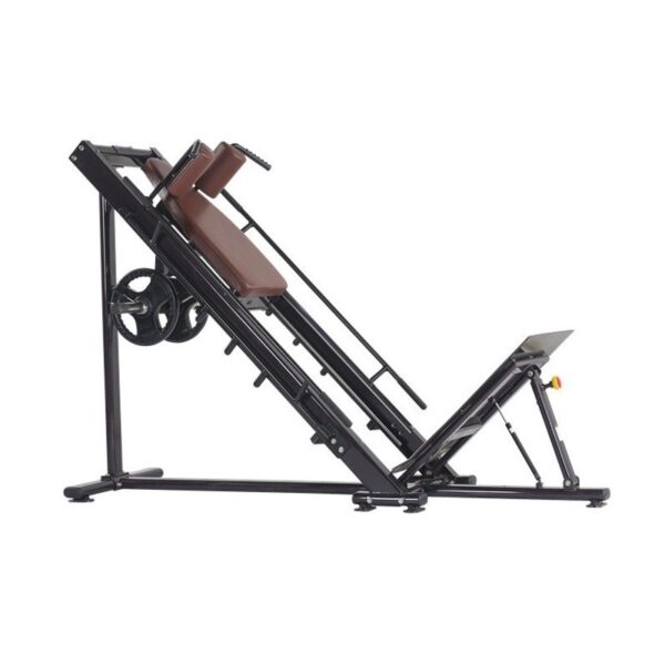 A hack squat machine, a type of leg press machine designed to target the quadriceps. It has a vertical frame with a padded seat and adjustable weight plate.