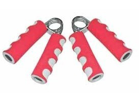 A pair of red hand grippers with white foam handles. The grippers have a spring-loaded mechanism for resistance training.