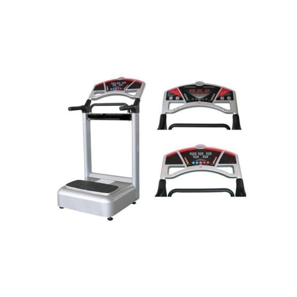 A gray whole-body vibration machine with a digital display, handles for support, and a vibrating platform.