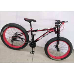 A black and red fat bike with thick tires. The bike has a suspension fork and a BENSHI brand logo on the frame.