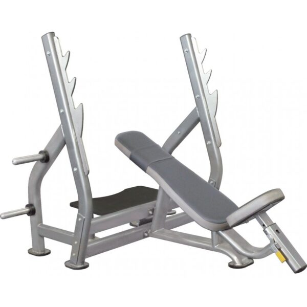 Impulse IT7 Olympic Incline Bench. A gray adjustable weight bench with a padded seat and backrest. The bench has a sturdy steel frame and adjustable incline levels. It is designed for various upper body exercises, such as bench presses and shoulder presses.