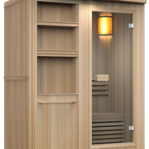 A wooden sauna with a glass door and a small compartment on the side with shelves. The interior of the sauna has a light brown color and features a bench and a lamp.