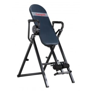 Gategold Inversion Table. A black inversion table with a blue padded backrest and adjustable ankle supports. The table has a sturdy frame and a safety locking mechanism.