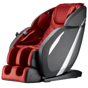 A red and black massage chair with a sleek, futuristic design. It features a reclining seat, footrest, and armrests. The chair appears to offer various massage modes and intensities.