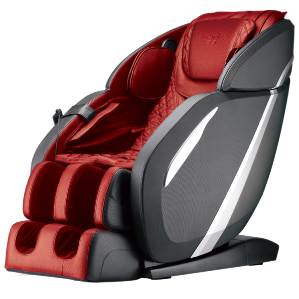 A red and black massage chair with a sleek, futuristic design. It features a reclining seat, footrest, and armrests. The chair appears to offer various massage modes and intensities.