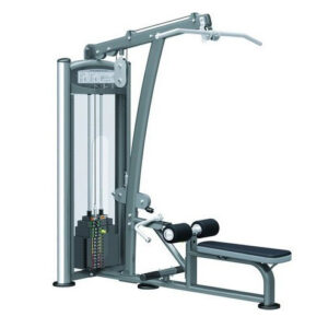 Impulse Lat Pulldown/Vertical Row Machine. A gray weight machine with a vertical pulley system, a padded seat, and handles for performing lat pulldowns and vertical rows.