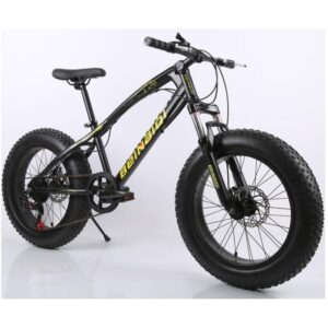 A black and yellow fat bike with thick tires. The bike has a suspension fork and a BENSHI brand logo on the frame.