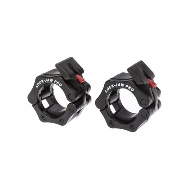 A pair of black barbell collars with red locking mechanisms. The collars have the text "LOCK-JAW PRO" printed on them.