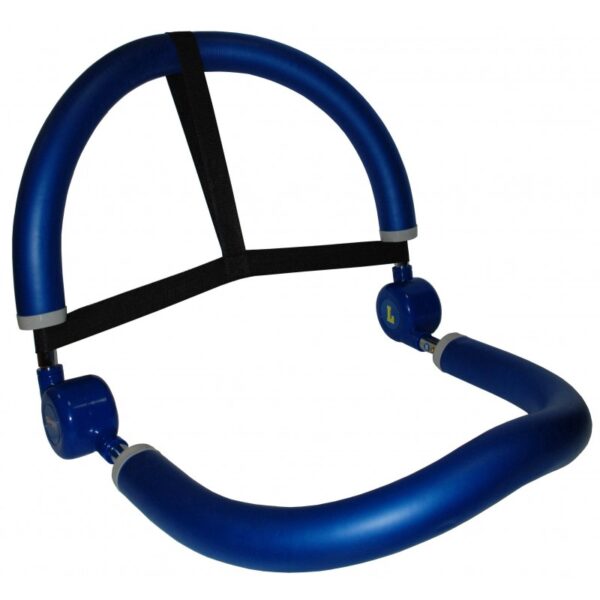 Blue abdominal muscle stimulator with a curved shape and adjustable straps. The device has a battery compartment and a small screen.