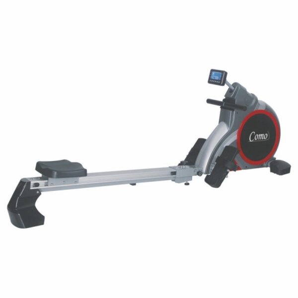 A Como rowing machine. It's a silver and black exercise machine with a seat, handles, and a large flywheel. The machine also has a digital display.