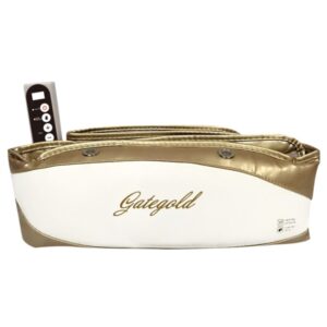 A white massage belt with a gold trim and a remote control. The belt has a curved shape and appears to be made of a soft, fabric material. The remote control has buttons and a display screen. The brand "Gategold" is printed on the belt in gold lettering.