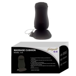 A black massage cushion with a power cord and a remote control. The cushion has a textured surface and is designed to fit on a chair. The packaging includes the brand name "Gategold" and the model number "G-8.