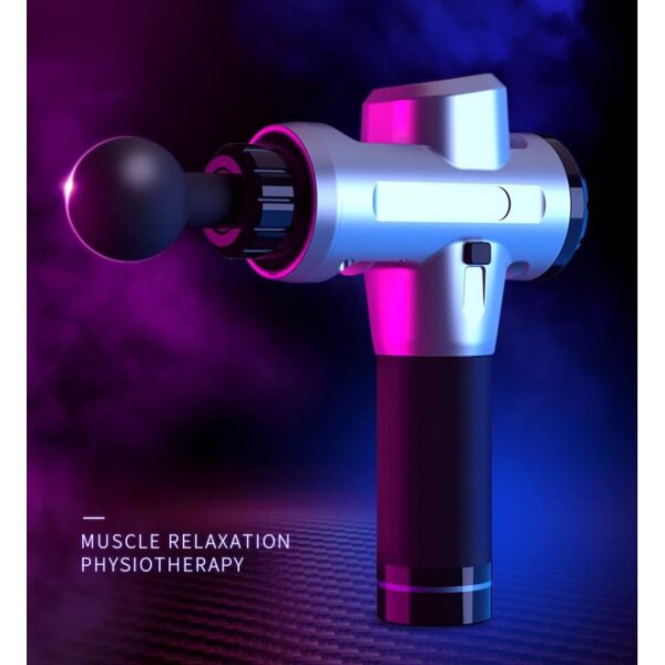 A silver handheld massage gun with a black attachment. The gun has a curved handle and a rounded head. The background is a gradient of purple and blue with neon lights. The text "MUSCLE RELAXATION" and "PHYSIOTHERAPY" is displayed in white letters.