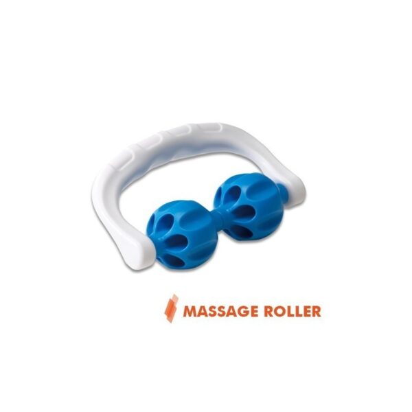 A handheld massage roller with a white handle and two blue, textured rollers. The rollers have raised bumps for a deep tissue massage.