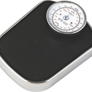 A round analog weighing scale with a black platform and a chrome frame. The scale has a dial with markings in kilograms and pounds. The dial reads "100" in both kilograms and pounds.