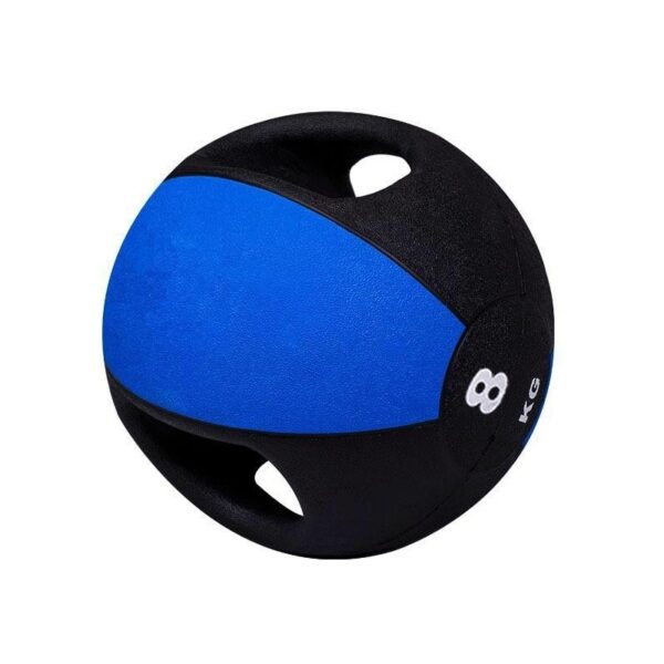 A medicine ball with a black base and a blue top half. The ball has two handles on the sides and is labeled "8KG.