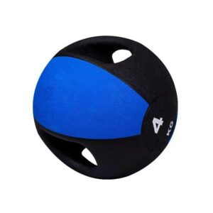 A medicine ball with a black base and a blue top half. The ball has two handles on the sides and is labeled "4KG.