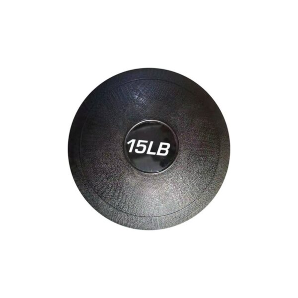 A black medicine ball with the weight "15LB" printed on it. The ball has a textured surface and a slightly flattened shape.