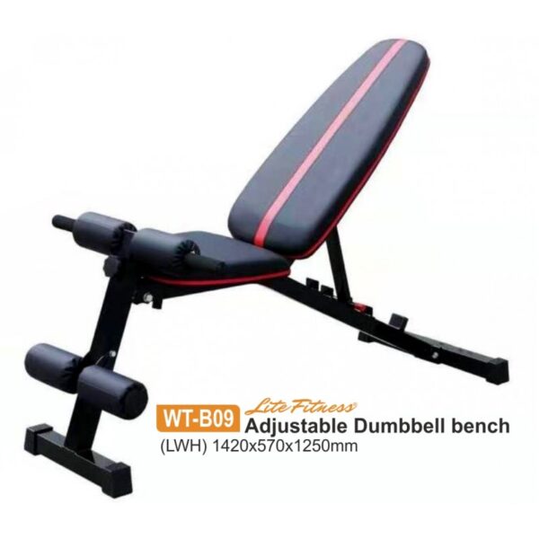 An adjustable dumbbell bench with a black frame and a red padded seat. The bench has a foldable design and adjustable levels. The brand "Lite Fitness" is printed on the seat. The dimensions of the bench are listed as (LWH) 1420x570x1250mm.