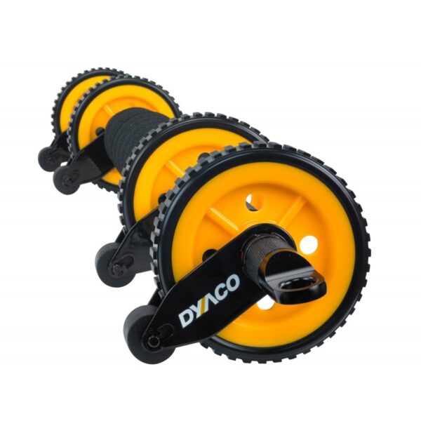 DYACO S6000 Multi Core Training Device. A black abdominal roller with four yellow wheels. The roller has a handle in the center and is designed for core strengthening exercises.