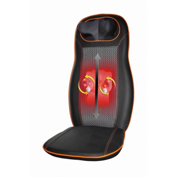 A black and orange neck and back massager. The massager has a mesh back and two rotating massage nodes. The image shows heat radiating from the massage nodes.