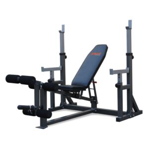 A black and silver Olympic weight bench with adjustable backrest and safety bars. It has a padded seat and back rest, and the frame is made of heavy-duty steel.