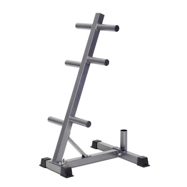 A gray steel Olympic weight plate tree with four horizontal bars for storing weight plates. The tree has a wide base for stability and is designed to hold Olympic-sized weight plates.