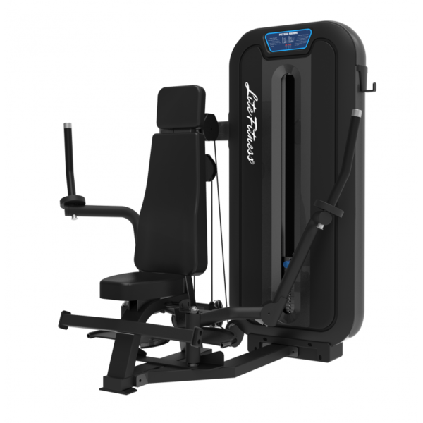 Lifespan Shoulder Press Machine: A black shoulder press machine with a padded seat and backrest. The machine has adjustable handles and a sturdy steel frame. The word "Lifespan" is printed on the front of the machine.