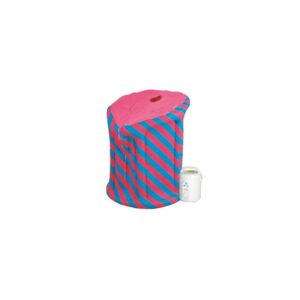 A portable steam sauna with a pink and blue striped exterior. It has a round shape and a small white container next to it.