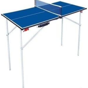 A blue and white folding ping pong table with a net and two paddles. The table is folded in half and has a carrying case attached to the side.