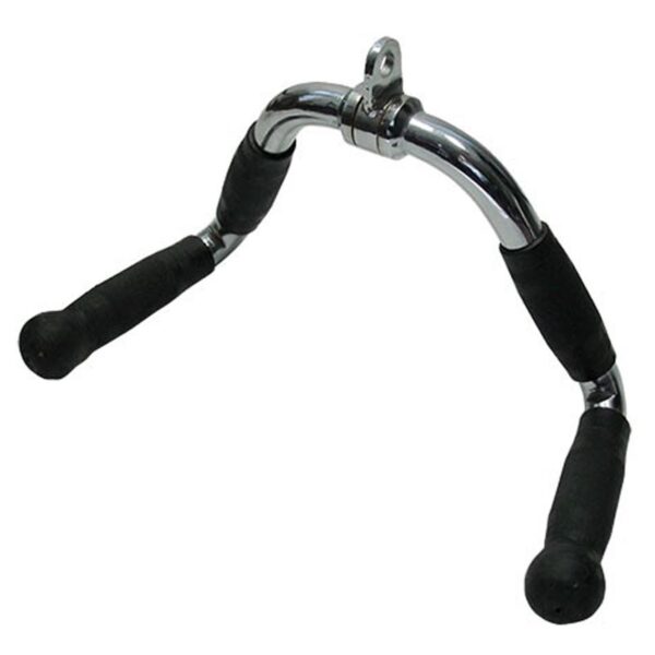 A chrome-plated lat pulldown bar with black rubber handles. The bar has a curved shape and a swiveling attachment at one end.