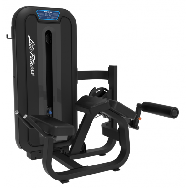 Lifespan Prone Leg Curl Machine: A black leg curl machine with a padded seat and adjustable weight stack. The machine has a sturdy steel frame and is designed for targeting the hamstrings. The word "Lifespan" is printed on the front of the machine.