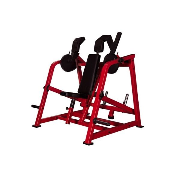 A shoulder press machine, also known as a shoulder press station. It has a padded seat and back rest, with adjustable weights and handles for working out the shoulder muscles.