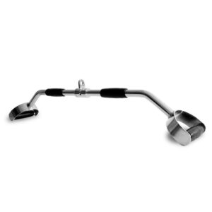 A chrome-plated lat pulldown bar with black rubber handles. The bar has a curved shape and a swiveling attachment at one end.