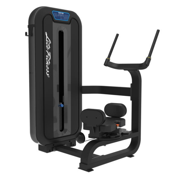 Lat Pulldown Machine: A black weight machine with a vertical pulley system, a padded seat, and handles for performing lat pulldowns. The word "Lat Pulldown" is printed on the front of the machine.