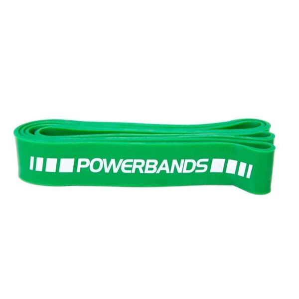 A green resistance band rolled up on a white background. The brand "POWERBANDS" is printed in white on the band.