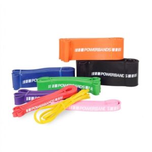 A set of colorful resistance bands stacked on top of each other. The bands are in various lengths and colors, including black, orange, blue, purple, red, and yellow. The word "POWERBANDS" is printed on each band.