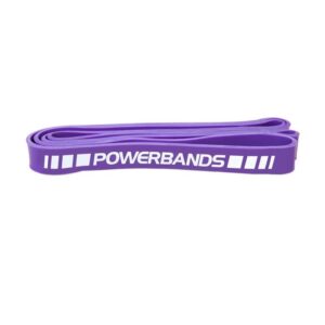 A purple resistance band rolled up on a white background. The word "POWERBANDS" is printed in white on the band.