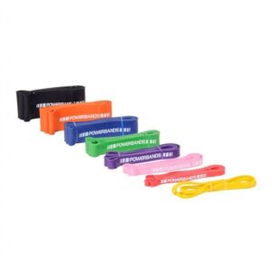 A set of colorful resistance bands stacked on top of each other. The bands are in various lengths and colors, including black, orange, blue, purple, red, and yellow. The word "POWERBANDS" is printed on each band.