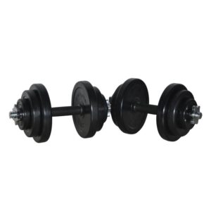 A pair of adjustable dumbbells with black weights. The dumbbells have chrome handles and can be adjusted to different weights by adding or removing the plates.