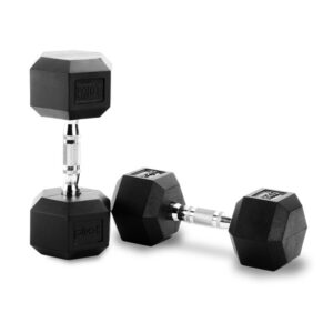 A set of three black hexagonal dumbbells. The dumbbells have chrome handles and are likely made of cast iron or steel..