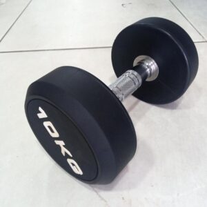 Black 10kg rubber dumbbell with a chrome handle. The dumbbell has a hexagonal shape at the ends and a cylindrical handle. The weight "10KG" is printed in white on one of the hexagonal ends.