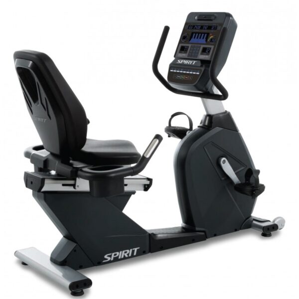 Spirit CR900 Recumbent Bike. A black recumbent exercise bike with a digital console, adjustable seat and handlebars, and a fan. The word "SPIRIT" is printed on the front of the bike.