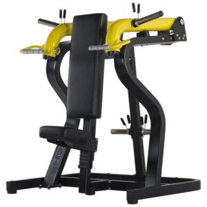 A shoulder press machine, also known as a shoulder press station. It has a padded seat and back rest, with adjustable weights and handles for working out the shoulder muscles.