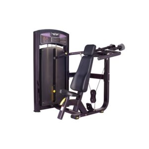 A shoulder press machine, also known as a shoulder press station. It has a padded seat and back rest, with adjustable weights and handles for working out the shoulder muscles.